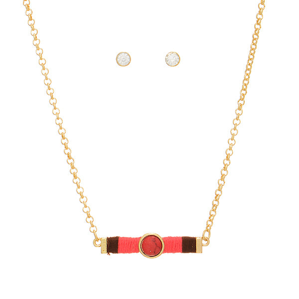 Gold Tone Bar & Stone Necklace Set- Brown & Red