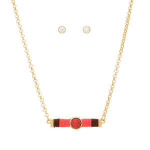 Gold Tone Bar & Stone Necklace Set- Brown & Red