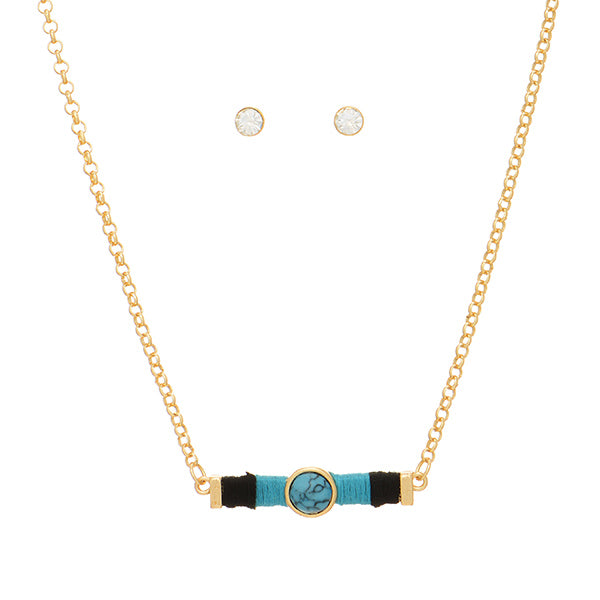 Gold Tone Bar & Stone Necklace Set- Black & Turquoise