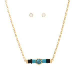 Gold Tone Bar & Stone Necklace Set- Black & Turquoise