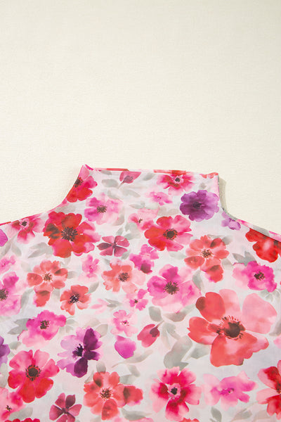 Red Floral Print Long Sleeve Slim Fit Mesh Top