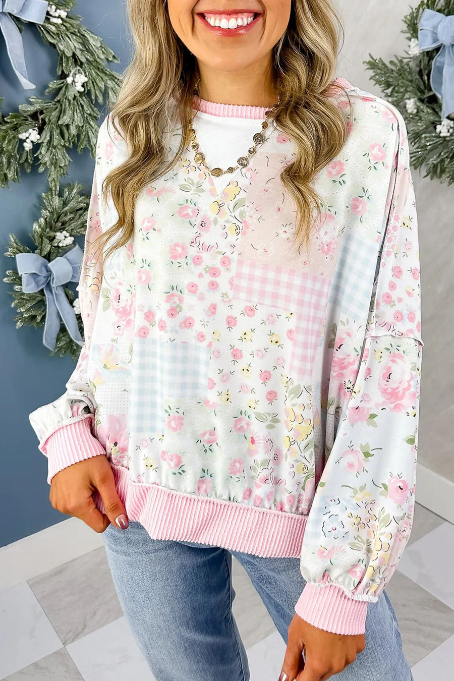 Pink Mixed Floral Print Twisted Rib Patchwork Loose Long Sleeve Top