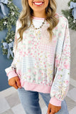 Pink Mixed Floral Print Twisted Rib Patchwork Loose Long Sleeve Top