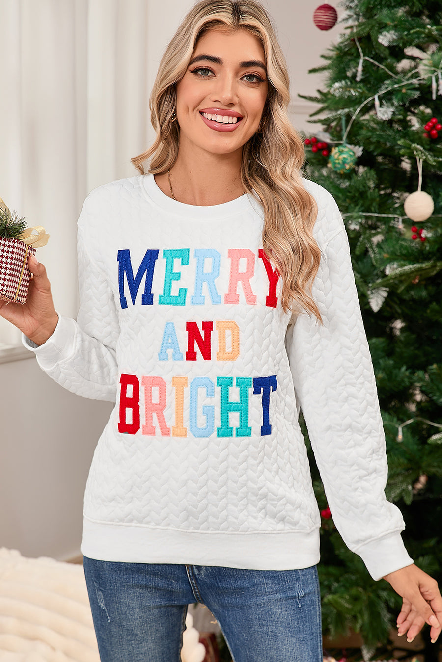 White Chenille Letter Patch Quilted Sweatshirt- 2 Styles