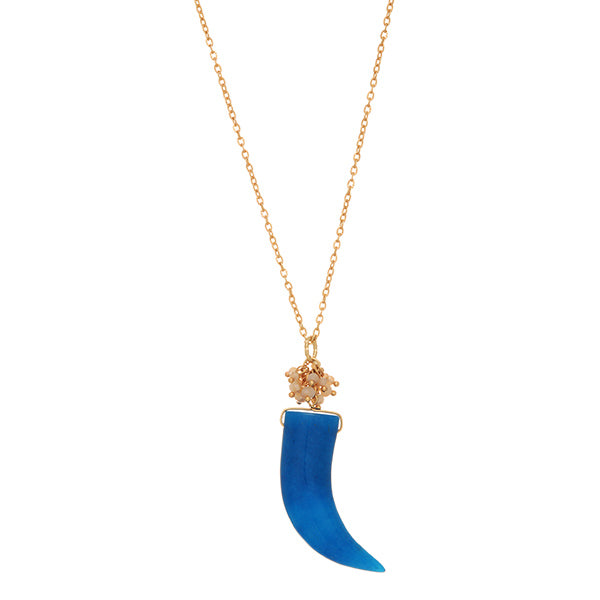 Gold Tone Beads, Stone, and Horn Necklace- Blue