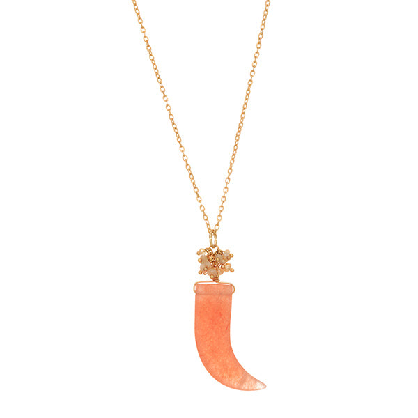 Gold Tone Beads, Stone, and Horn Necklace- Peach