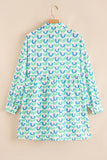 Mint Floral Print Scallop Trim Long Sleeve Mini Dress with Pockets