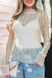 Light Pink Flounced Long Sleeve Mock Neck Sheer Lace Top