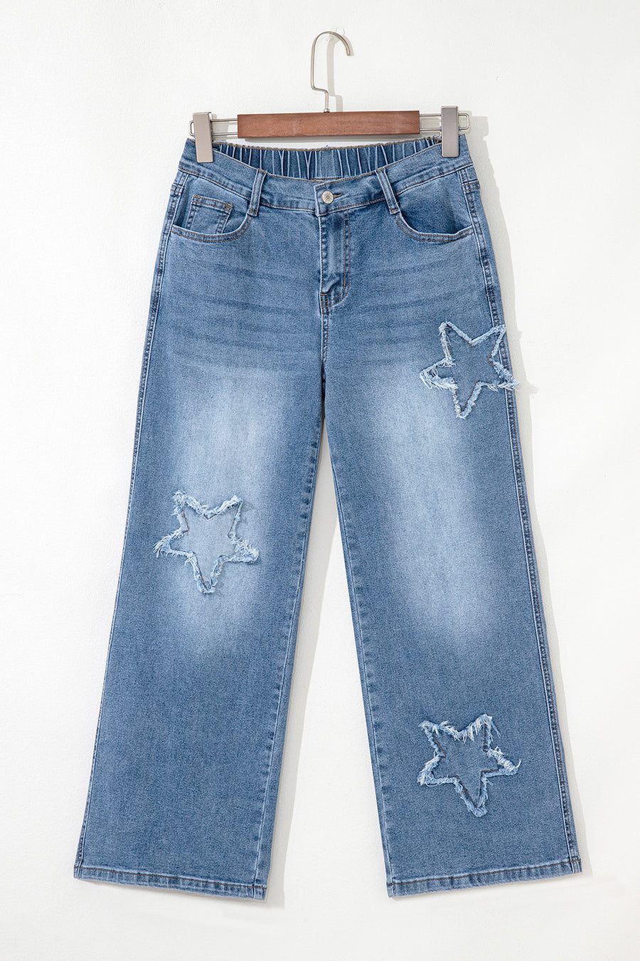 Stone Blue Star Patchwork Light Wash Wide Leg High-Waist Jeans