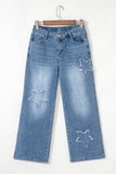 Stone Blue Star Patchwork Light Wash Wide Leg High-Waist Jeans