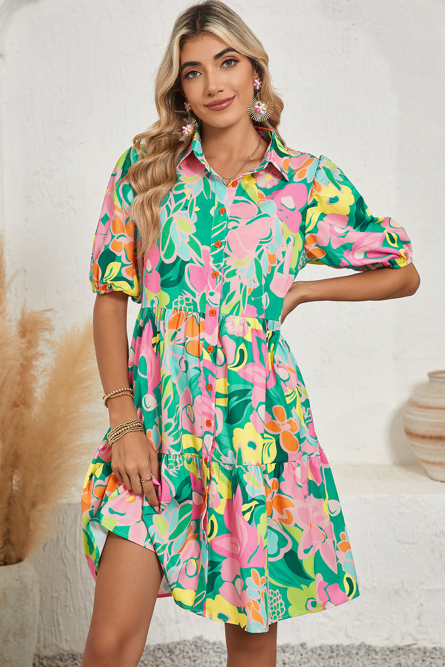 Floral Puff Sleeve Collared Button-Up Babydoll Mini Dress- 2 Colors