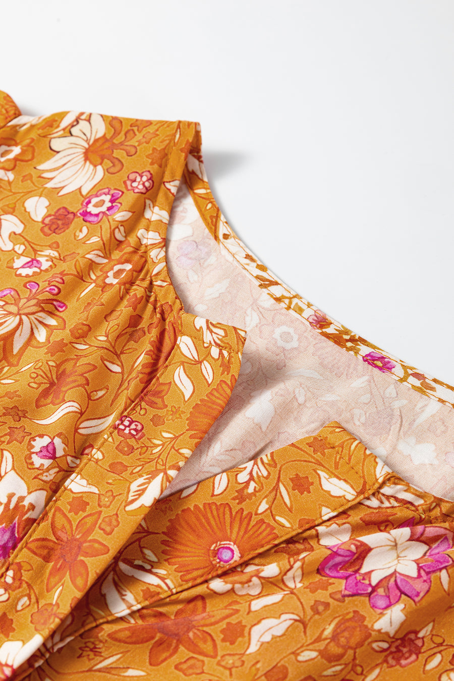 Orange Bohemian Floral Print Smocked Waist Long Sleeve Maxi Dress