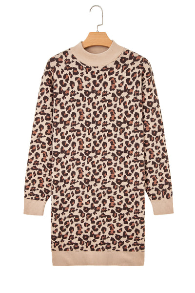 Khaki Leopard Print High Neck Shift Mini Sweater Dress