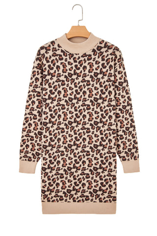 Khaki Leopard Print High Neck Shift Mini Sweater Dress