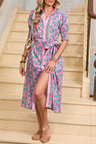 Pink Bohemian Floral Shirred Short Sleeve Belted Midi Dress