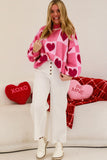Pink Heart & Checkered Pattern Drop Shoulder Crew Neck Knit Sweater
