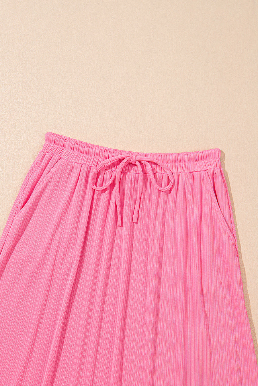 Bright Pink Textured Ruffle Trim Crop Top and Drawstring Skirt Set