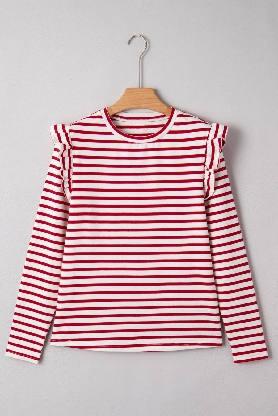 Red & White Striped Ruffle Shoulder Long Sleeve Top