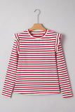 Red & White Striped Ruffle Shoulder Long Sleeve Top