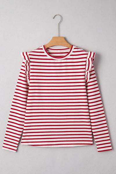 Red & White Striped Ruffle Shoulder Long Sleeve Top