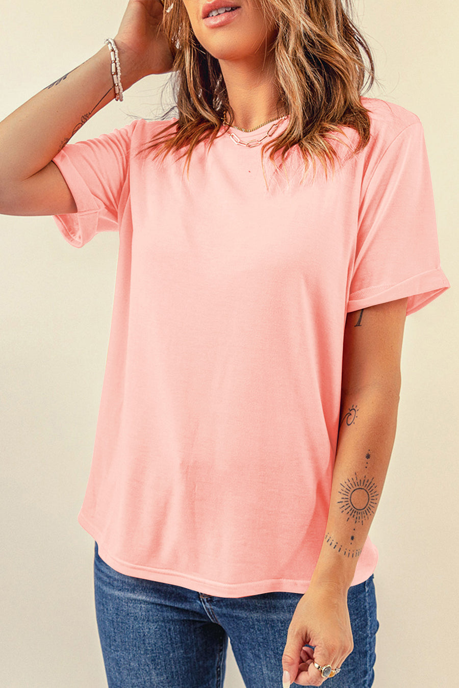 Basic Crew Neck Rolled Sleeve T-Shirt- 12 Colors