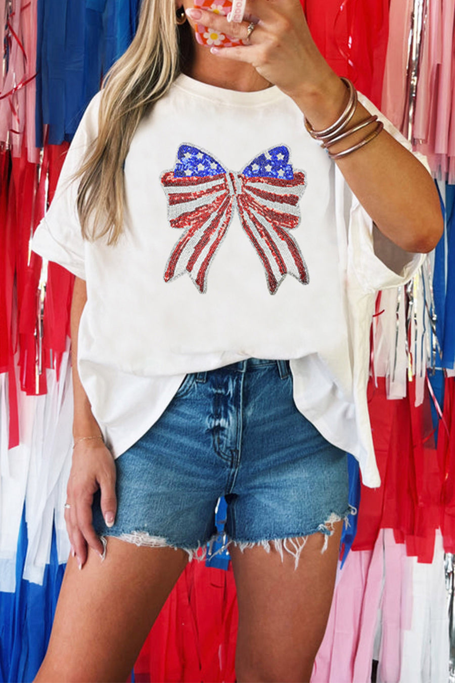 White American Sequin Bow Oversized Graphic T-Shirt