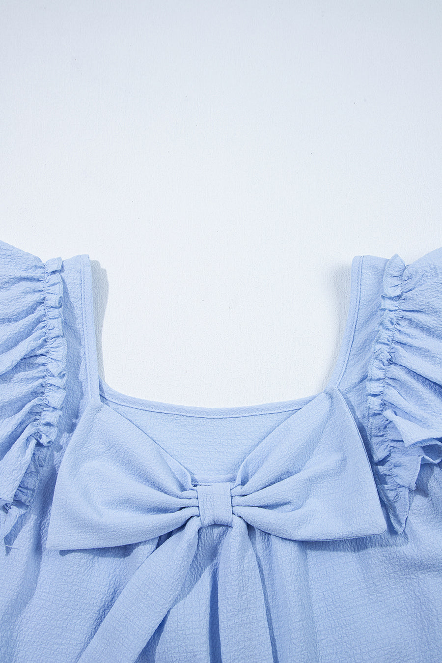 Textured Bow Frilled Ruffle Sleeve Blouse- Light Blue