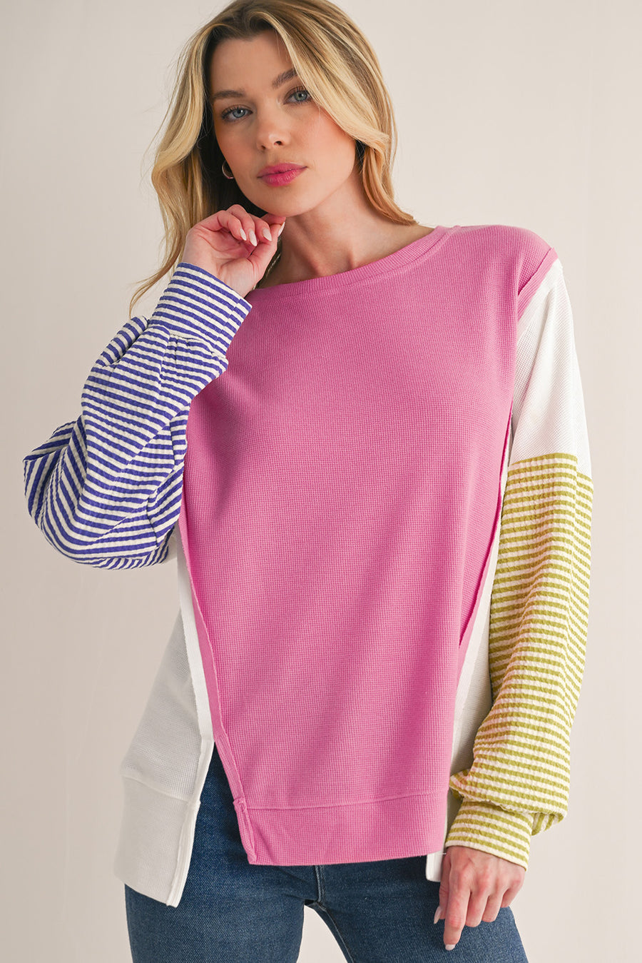 Pink Multi Waffle Patchwork Striped Sleeve Long Sleeve Shirt