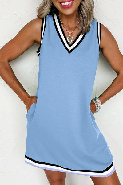 Purple Orchid Contrast Trim V Neck Sleeveless Mini Dress