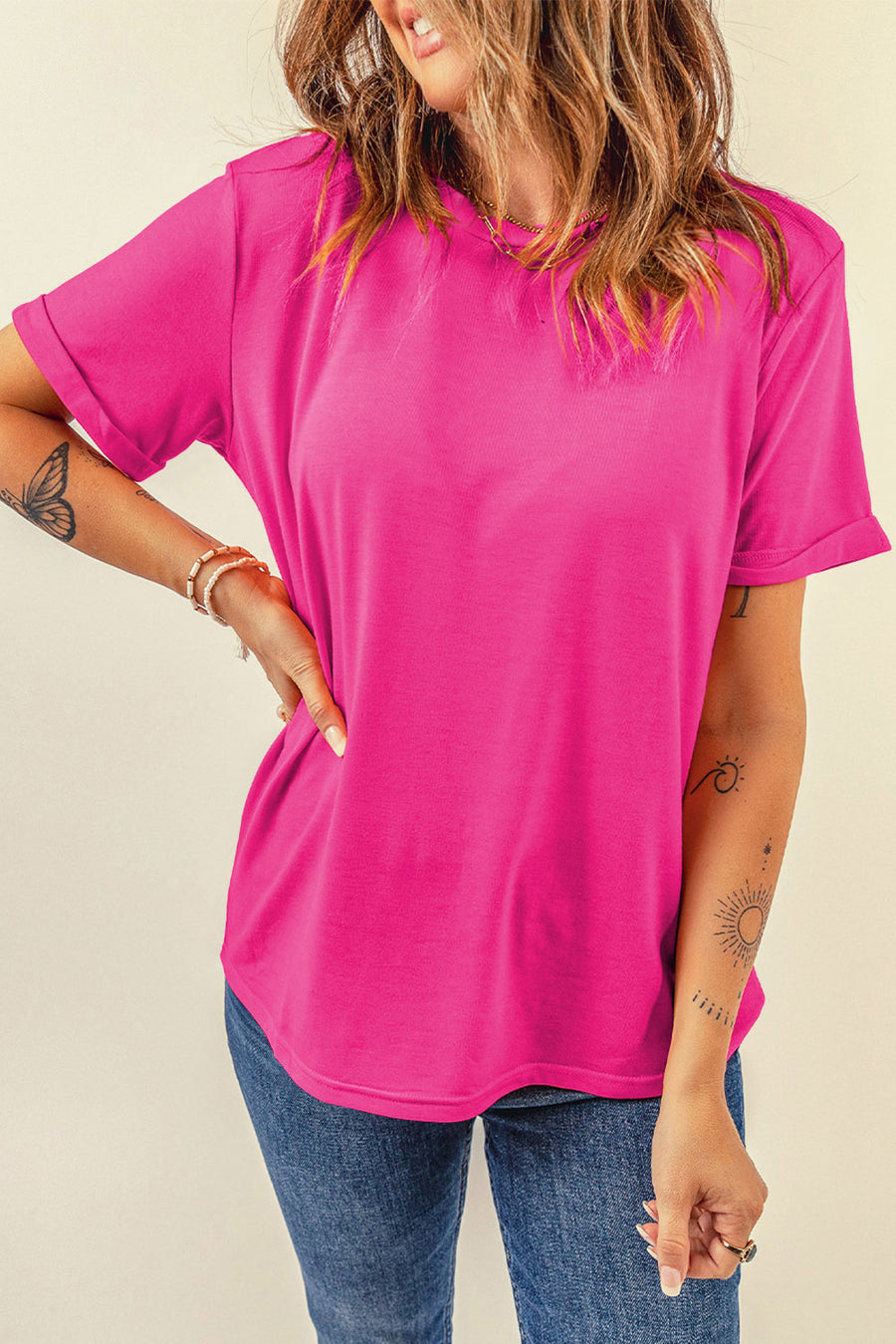 Basic Crew Neck Rolled Sleeve T-Shirt- 12 Colors