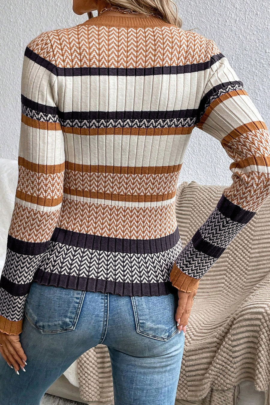 Brown Multi Striped Chevron Pattern Knit Ribbed Trim Slim Fit Sweater