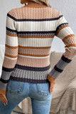 Brown Multi Striped Chevron Pattern Knit Ribbed Trim Slim Fit Sweater