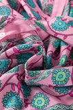 Pink Bohemian Floral Shirred Short Sleeve Belted Midi Dress