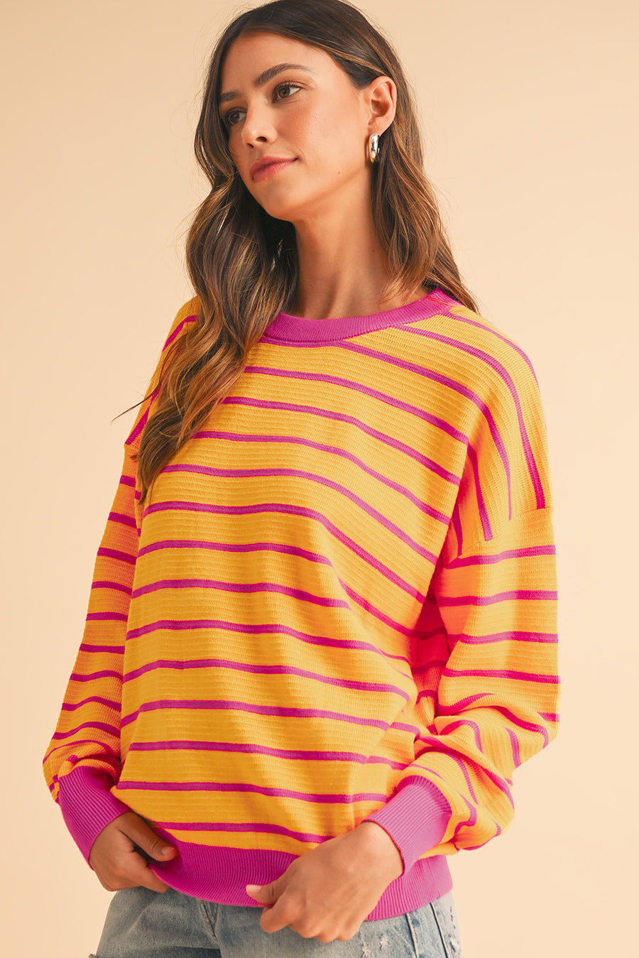 Striped Crew Neck Drop Shoulder Loose Sweater- 3 Colors