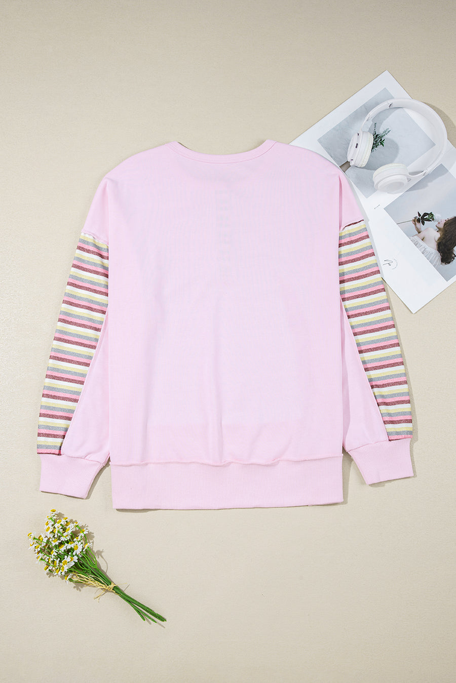 Pink Striped Patchwork Henley Sweatshirt