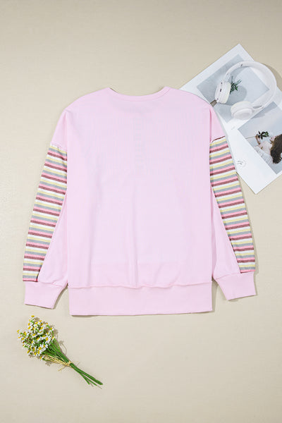 Pink Striped Patchwork Henley Sweatshirt