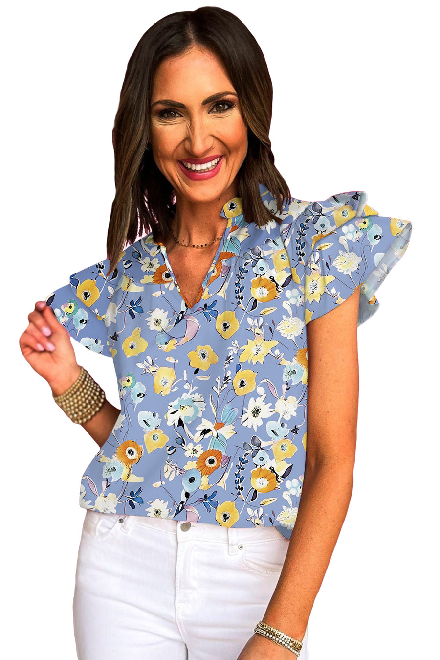 Pink Flutter Sleeve Frill V Neck Floral Top