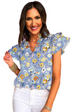 Pink Flutter Sleeve Frill V Neck Floral Top