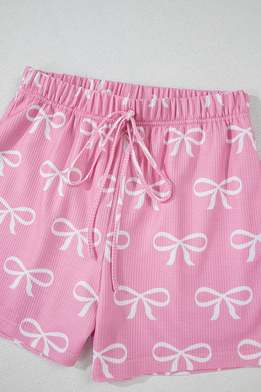 Pink Waffle Knit Bow Print Notched T-Shirt And Shorts Set