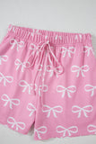Pink Waffle Knit Bow Print Notched T-Shirt And Shorts Set