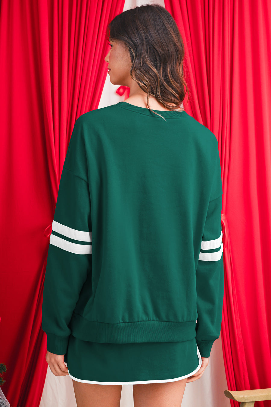 Varsity Striped Drop Shoulder Pullover Sweatshirt & Mini Skort Set- 6 Colors