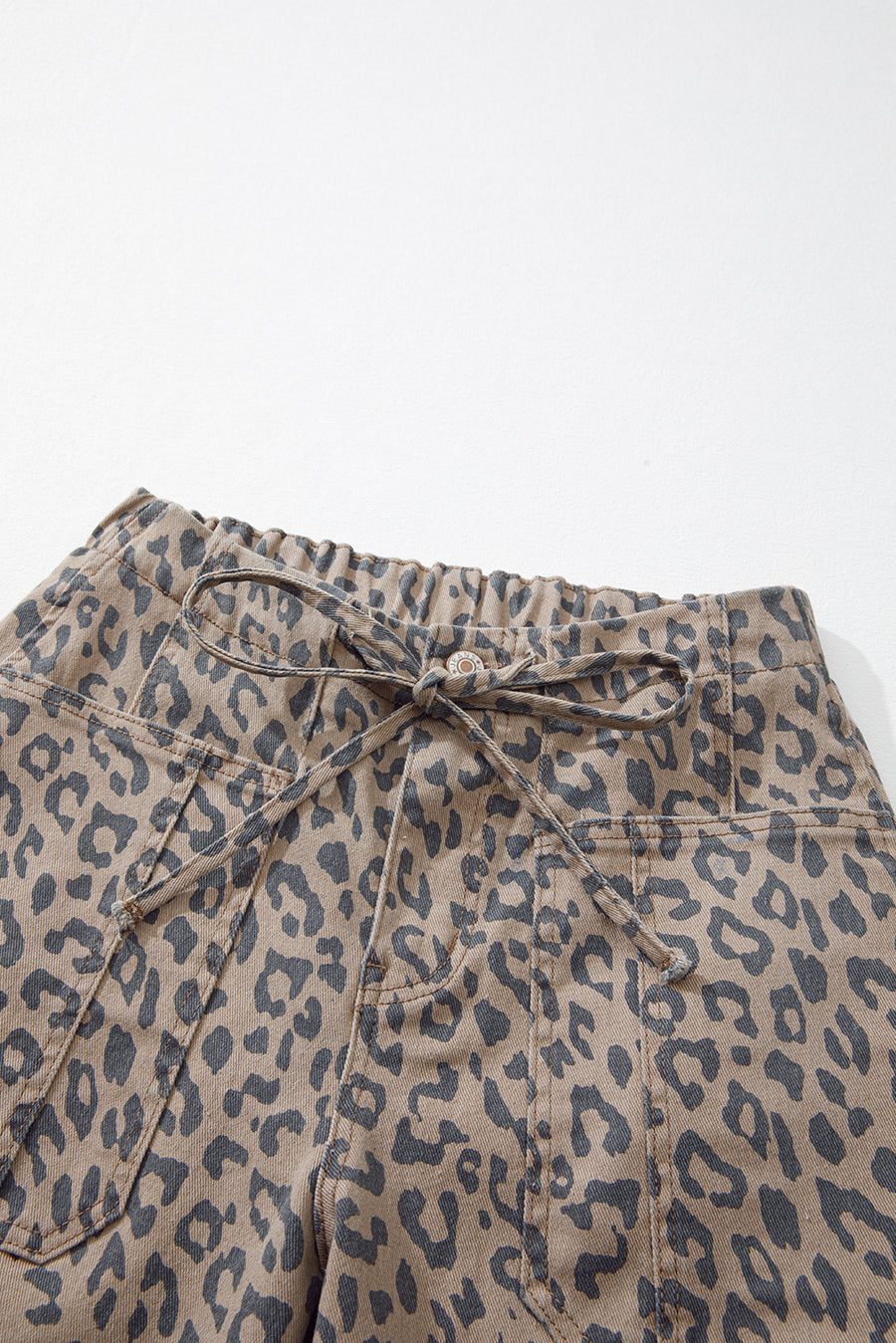 Leopard Print Drawstring Barrel Leg Jeans with Pockets- 2 Colors