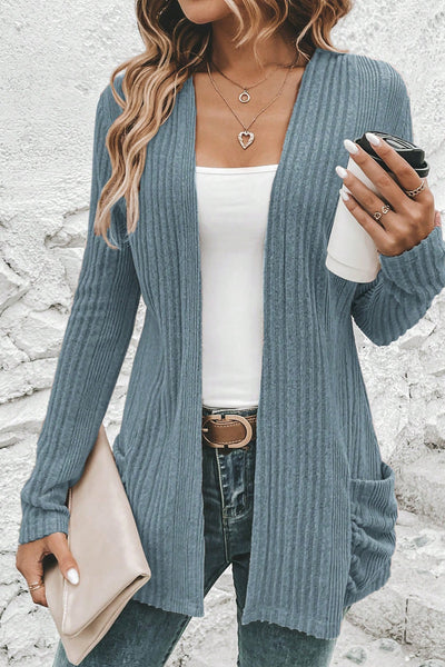 Stone Blue Ribbed Open Front Knitted Top with Pockets