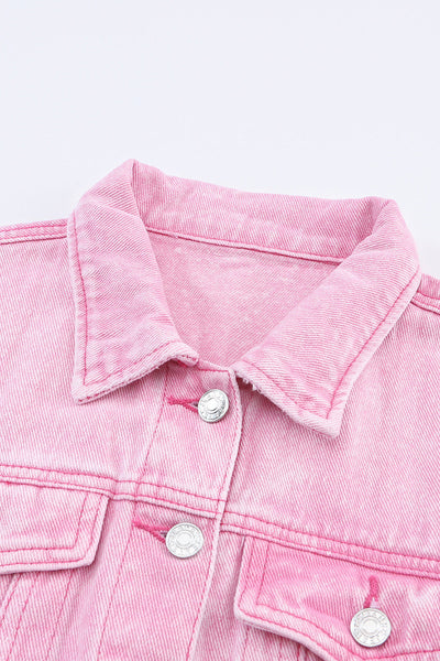 Women's Pink Celine Acid Wash Button Flap Pocket Denim Jacket