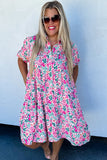 Plus Size Pink Multi Floral Button-Up Puff Sleeve A-Line Mini Dress