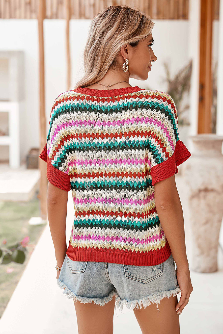 Red Multi Striped Diamond Pattern Short Sleeve Knit Sweater