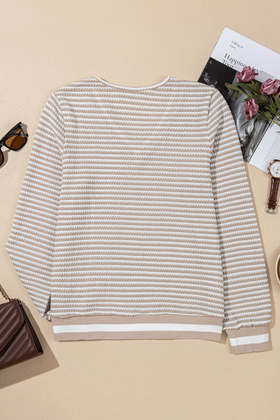 Beige Striped Waffle Knit V-Neck Sweater