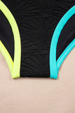 Black Floral Textured Neon Trim V-Neck Criss-Cross Tankini