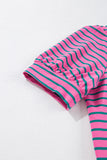 Plus Size Bright Pink and Green Stripe Collared Puff Sleeve Mini Dress with Pockets