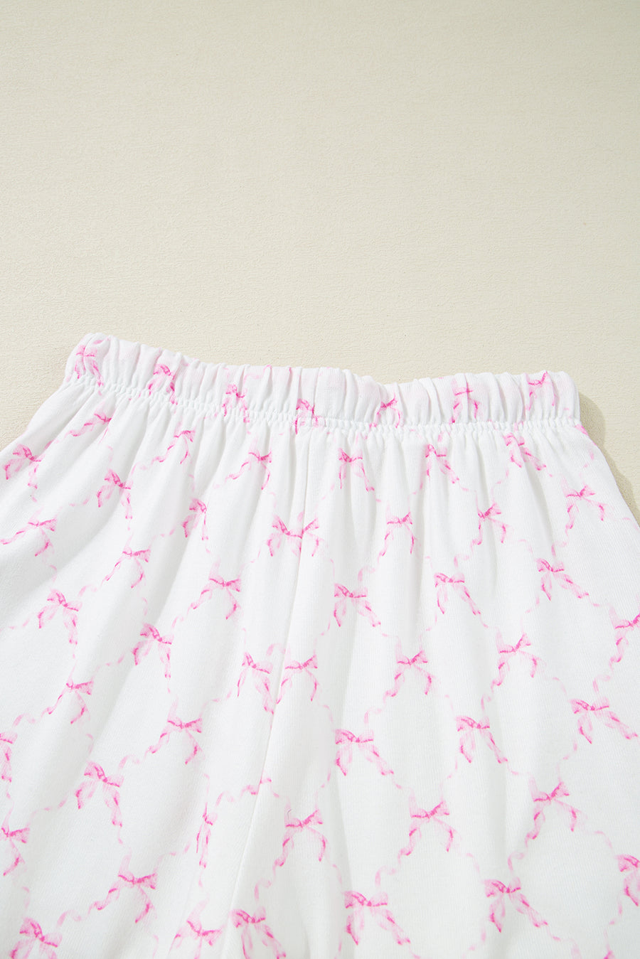 Pink Bow Print Lettuce Trim Short Sleeve Top and Shorts Pajama Set